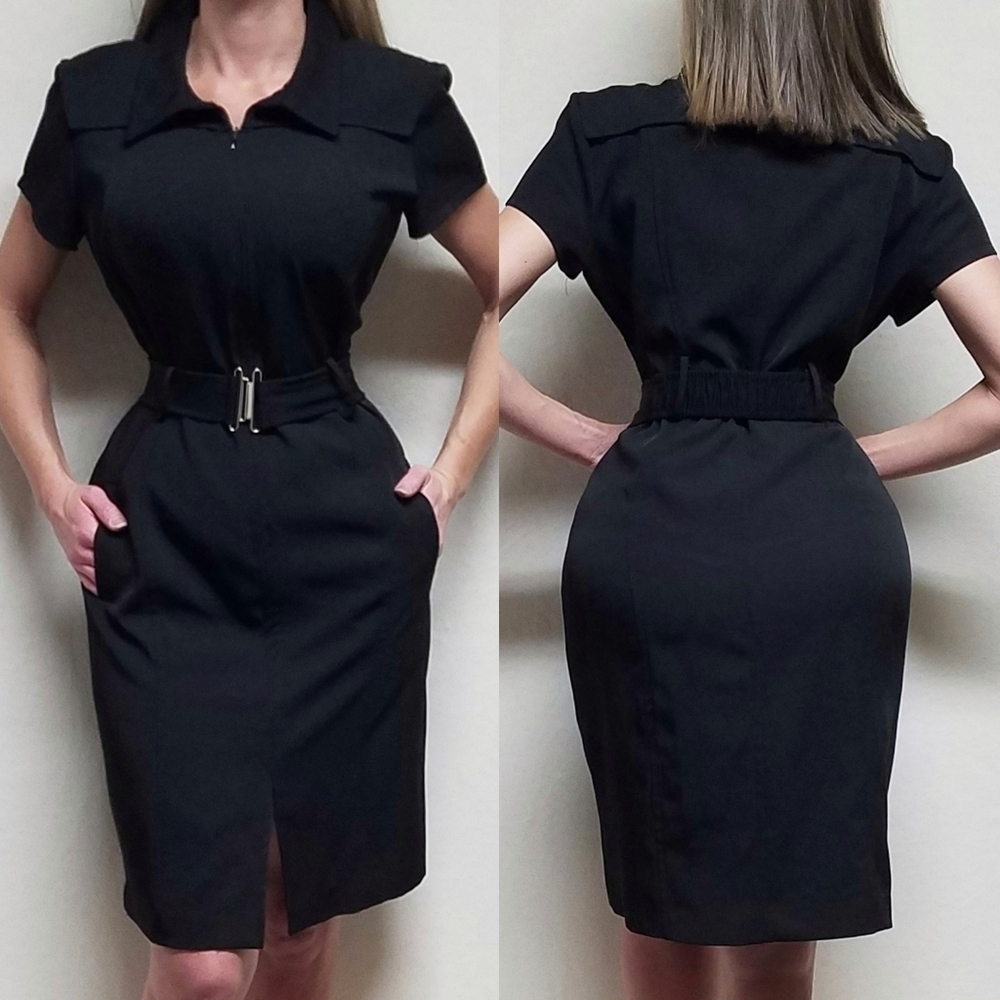 VINTAGE 80s Sweet Black Belted Short Sleeve Stretchy Plus Size Shirt Dress 14